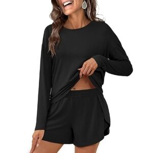 Long Sleeve Pajama Lounge Matching Set Striped Sleepwear Black